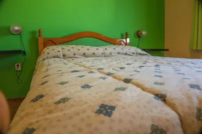 a bed in a bedroom with a green wall at Residencia Quinta do Poço Guesthouse in Sagres