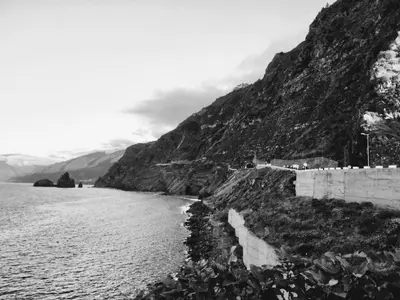 a black and white photo of a body of water at Quinta do Serrado II in Ribeira da Janela