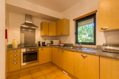 a kitchen with wooden cabinets and a window at Apartamento Boa Estrela in Luz