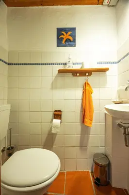 a bathroom with a toilet and a sink at Madeira-Meerblick-Haus in Estreito da Calheta
