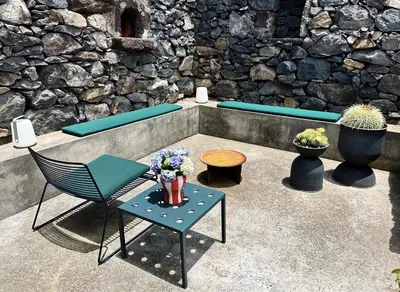 a plant in a black pot next to a building at THE L lodge, ocean view private garden Cottage in Ribeira Brava