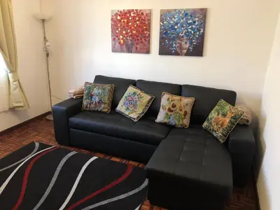 a living room with a black couch with pillows at City View Gardens II in Funchal