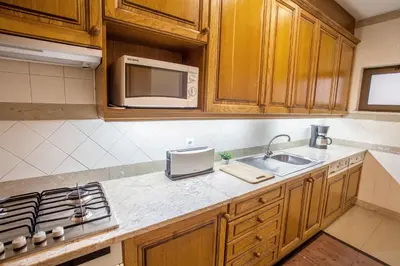 a kitchen with wooden cabinets and a sink and a microwave at Quinta Miramar in Funchal