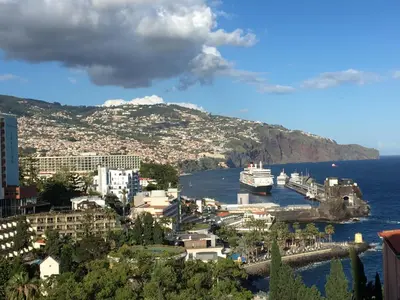 a cruise ship is docked in a harbor at Quinta Miramar in Funchal
