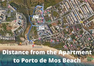 a map of a destination from the apartment to porto mo mass beach at Large Penthouse Near Porto de Mos Beach With Magnificent Views In Lagos in Lagos