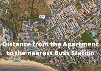 a map with the distance from the apartments to the nearest bus station at Large Penthouse Near Porto de Mos Beach With Magnificent Views In Lagos in Lagos