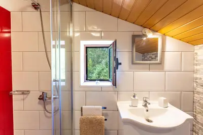 a bathroom with a sink and a shower at Refúgio do Lourinho in Funchal