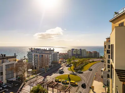 a vase sitting in front of a window with a plant at Two Bedroom Apartment with Balcony and Gorgeous view over the Atlantic in Funchal