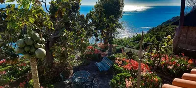 a small blue and white building with a brown door at Torre Bella Gardens in Arco da Calheta