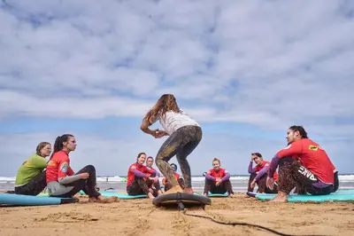 a group of people sitting on surfboards on the beach at Algarve Surf Camp & Hostel Sagres in Sagres
