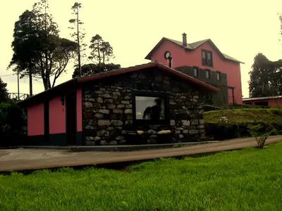 a small stone building with a dog in the window at Palheiro do Avô in Santa Cruz
