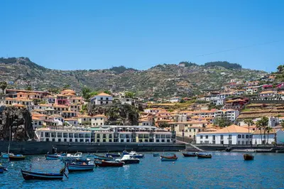 a group of boats in a body of water with houses at Pestana Churchill Bay in Câmara de Lobos