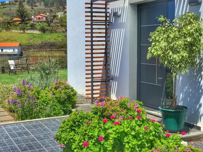 a garden with pink flowers on a house at Lucilia's House in Calheta