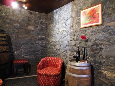 a wine tasting room with a chair and a barrel at Casa dos Serrões in Calheta
