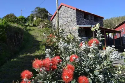 a garden with red and white flowers in front of a building at Recantos do Castanheiro in Porto Moniz
