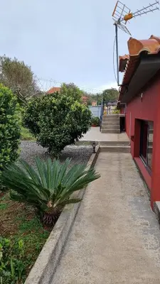 a sidewalk next to a red building with a plant at Recantos do Castanheiro in Porto Moniz