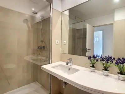 a bathroom with a sink and a shower and a mirror at Apartment Sunniva by LovelyStay in Funchal