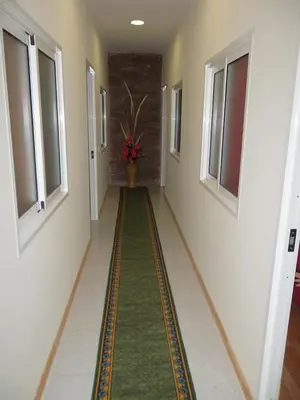 a long hallway with a green carpet on the floor at Apartamentos Villa in Ponta do Sol