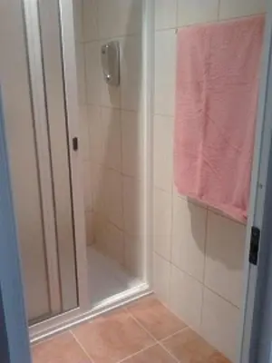 a bathroom with a shower with a pink towel at Apartamentos Villa in Ponta do Sol