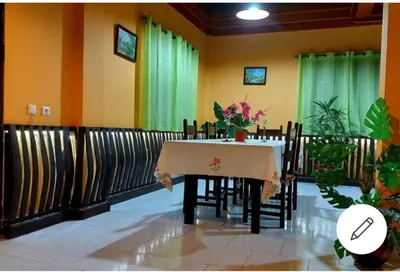 a dining room with a table and chairs and green curtains at Apartamentos Villa in Ponta do Sol