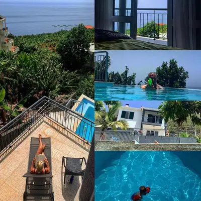 a collage of photos with a woman in a swimming pool at VILLA FELICIDADE in Arco da Calheta