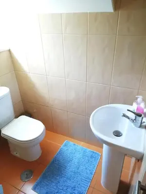 a bathroom with a white toilet and a sink at Casa Luminosa in Carrapateira