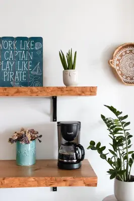 a coffee maker on a wooden shelf with plants at Casa Bombordo in Carrapateira