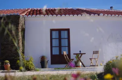 a white house with a window and two chairs at Russo Surf Resort - Vale Figueiras in Aljezur