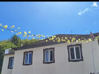 a house with a string of yellow flowers on it at Valentina's House in Porto da Cruz