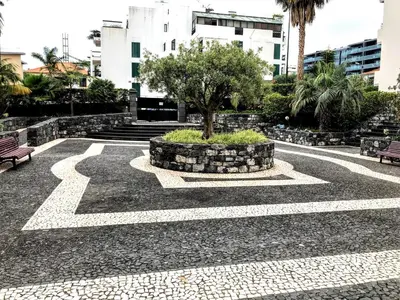 a park with two benches and a tree in the middle at Funchal Apartment, with pool in Funchal