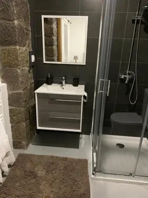 a bathroom with a sink and a shower at Casa do Ribeiro Frio in Santana
