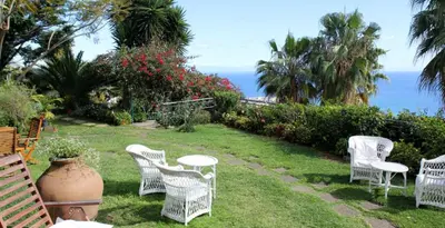 a patio with a yellow chair and a table at Casa do Papagaio Verde in Funchal