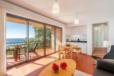 a kitchen and living room with a view of the ocean at Casa do Papagaio Verde in Funchal