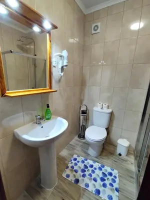 a bathroom with a sink and a toilet and a mirror at Apartamentos Lisboa in Vila do Porto