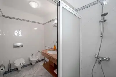 a bathroom with a shower and a toilet and a sink at Villa Albatroz in Caniço