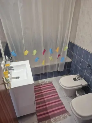 a bathroom with a sink and a toilet and a shower curtain at Apartamentos Arrifes 1 in Porto Santo