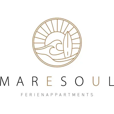 a logo for a beach with a surfboard in the middle at maresoul - Ferienapartment mar in Raposeira
