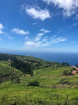 a green hill with the ocean in the background at Madeira Sunset Cottage - Nature Retreat in Ponta do Pargo