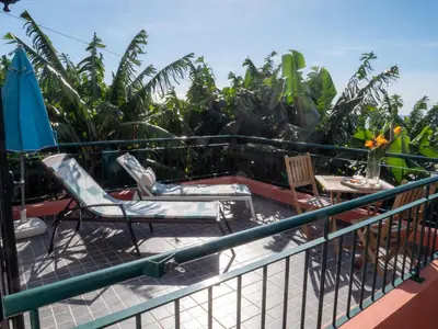 two chairs and tables on a balcony with plants at Casa dos Anjos in Ponta do Sol