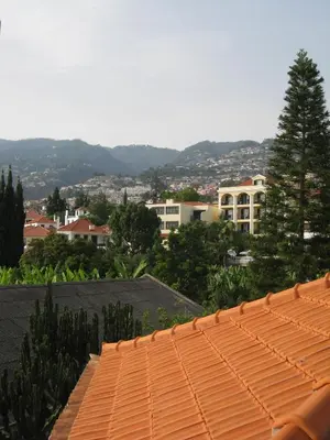 an orange tile roof with a city in the background at Vitorina Corte Guesthouse in Funchal