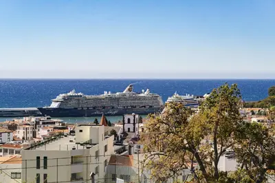 a cruise ship is docked in the ocean at Rooftop Funchal - By Wehost in Funchal