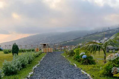 a gravel path in a garden with a mountain in the background at Recanto das Florenças (2) in Arco da Calheta
