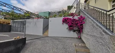 a wall with flowers on it next to a building at Casa Atlantico Dachterrassengeschoss in Ribeira Brava