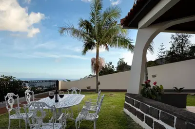a patio with a table and chairs and a palm tree at Gem of a House by Homie in Funchal