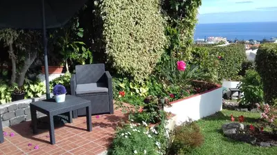 a patio with a chair and a table and flowers at Apartments Vista Oceano in Funchal
