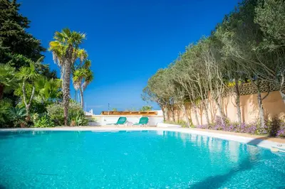 a swimming pool with palm trees and a building at Casa da Montanha in Luz
