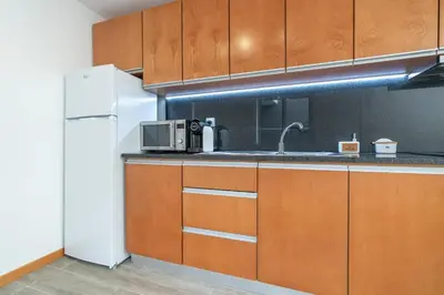 a kitchen with a white refrigerator and a microwave at Casa Leonardo in Arco da Calheta