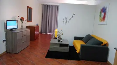 a living room with a couch and a television at Lindo Apartamento Villa in Ponta do Sol