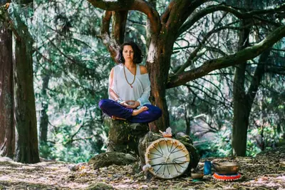 a woman sitting on a tree in the woods at Hotel Vila Bela in Porto da Cruz