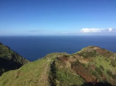 a green hill with the ocean in the background at Ocean View Cottage in Ponta do Pargo